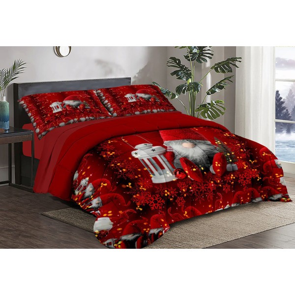 Trapunta Natalizia Matrimoniale –Decorata con un gnomo,fiocchi di neve e lanterne–  Stile e Comfort per le Feste