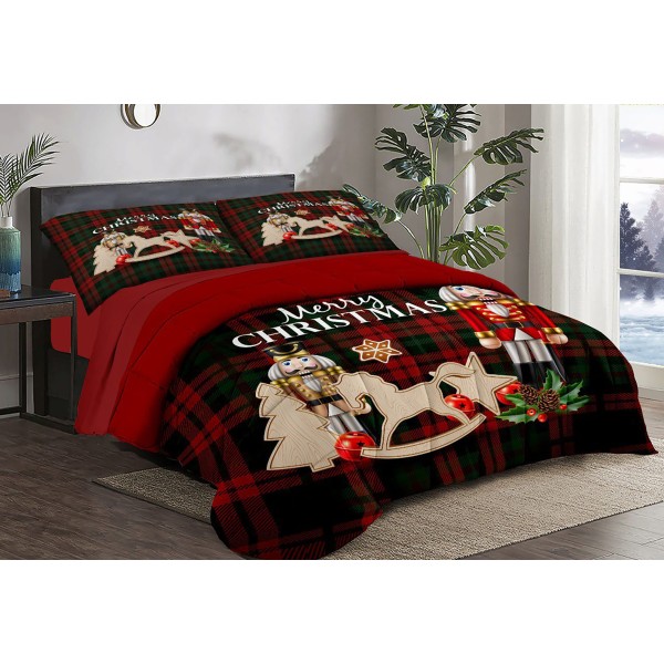 Trapunta Natalizia Matrimoniale –Design motivo scozzese rosso e nero con schiaccianoci–  Stile e Comfort per le Feste