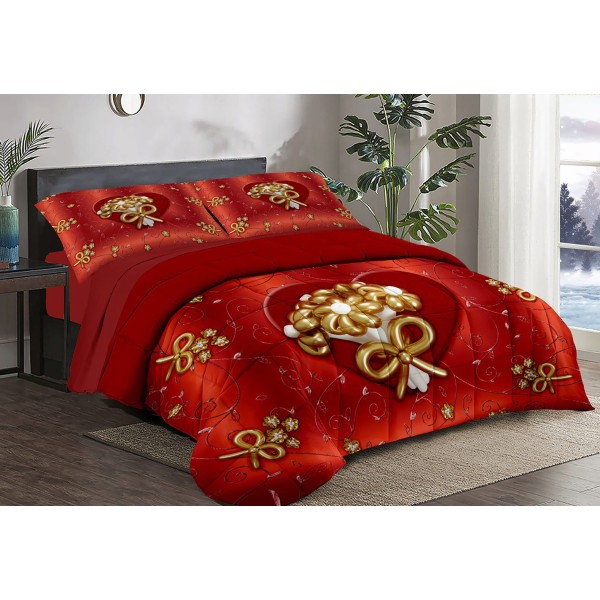 Trapunta Natalizia Matrimoniale – Motivi di fiocchi e fiori dorati–  Stile e Comfort per le Feste