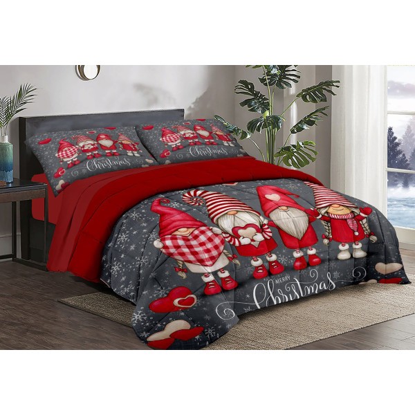 Trapunta Natalizia Matrimoniale –Design con gnomi e scritta Merry Cristmas –  Stile e Comfort per le Feste