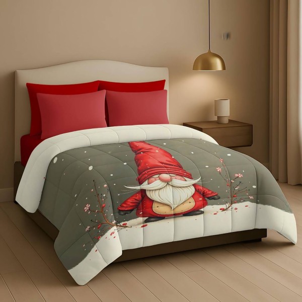 Trapunta Natalizia Matrimoniale –Gnomo natalizio in un paessaggio invernale –  Stile e Comfort per le Feste