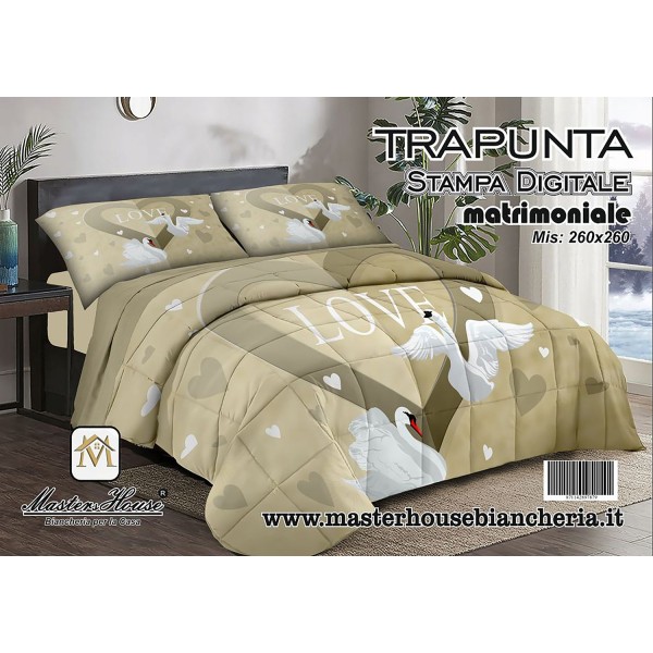 Trapunta Matrimoniale Romantica - Cigni e Cuore Love, 260x260 cm, Vari Colori