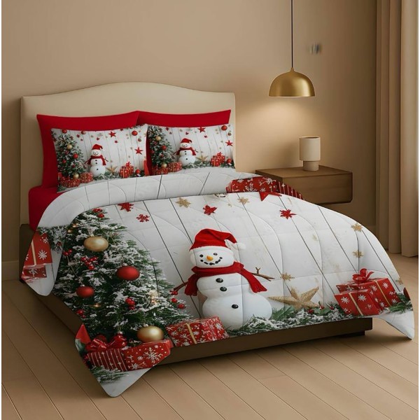 Trapunta Natalizia Matrimoniale –Pupazzo di neve,alberi di Natale decorati  –  Stile e Comfort per le Feste