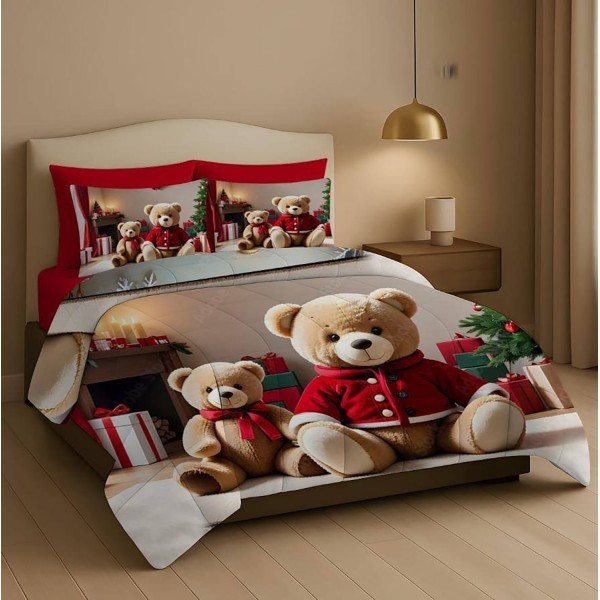 Trapunta Natalizia Matrimoniale –Orsetti di peluche e regali–  Stile e Comfort per le Feste