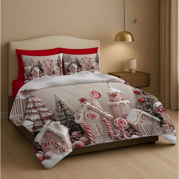 Trapunta Natalizia Matrimoniale –Design che include pan di zenzero,lecca-lecca e decorazioni–  Stile e Comfort per le Feste