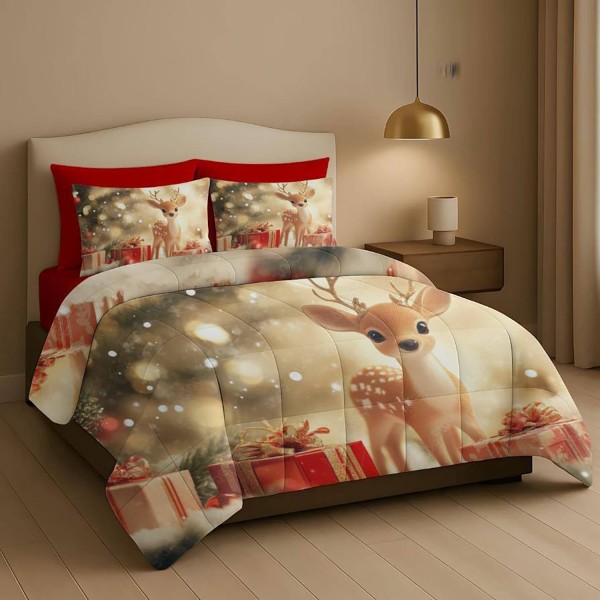 Trapunta Natalizia Matrimoniale –Renna su sfondo rosso,bianco e beige –  Stile e Comfort per le Feste