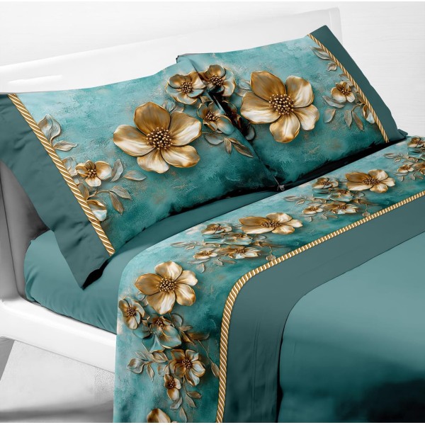 Completo Letto Matrimoniale - Design  floreale in rilievo  -100% Cotone con Angoli a Molla e Federe Digitali Omaggio