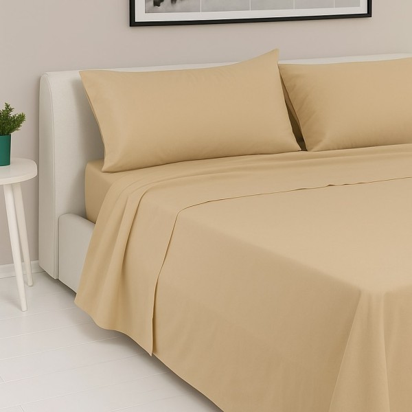 Completo Letto Matrimoniale - Colore Sabbia  -100% Cotone con Angoli a Molla