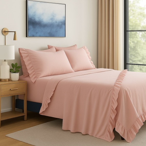 Completo Letto con Balze in Cotone Rosa, Set Lenzuola con Volant Arricciate, Federe Coordinate - Elegante Stile Romantico Chic