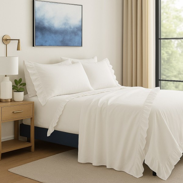 Completo Letto in Cotone Bianco con Volant, Set Lenzuola con Balze Arricciate, Federe Coordinate - Elegante Stile Romantico