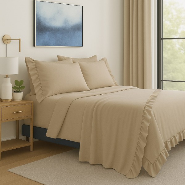 Completo Letto con Balze in Cotone Beige, Set Lenzuola con Volant Arricciate, Federe Coordinate - Elegante Stile Classico Chic