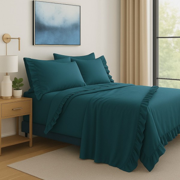 Completo Letto con Balze in Cotone Color Petrolio, Set Lenzuola con Volant Arricciate, Federe Coordinate