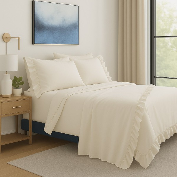 Completo Letto con Balze in Cotone Color Avorio, Set Lenzuola con Volant Arricciate, Federe Coordinate - Elegante Stile Classico