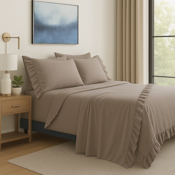 Completo Letto con Balze in Cotone Color Tortora, Set Lenzuola con Volant Arricciate, Federe Coordinate