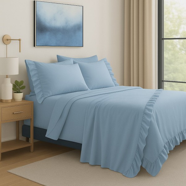 Completo Letto con Balze in Cotone Color Azzurro, Set Lenzuola con Volant Arricciate, Federe Coordinate - Elegante Stile Fresco