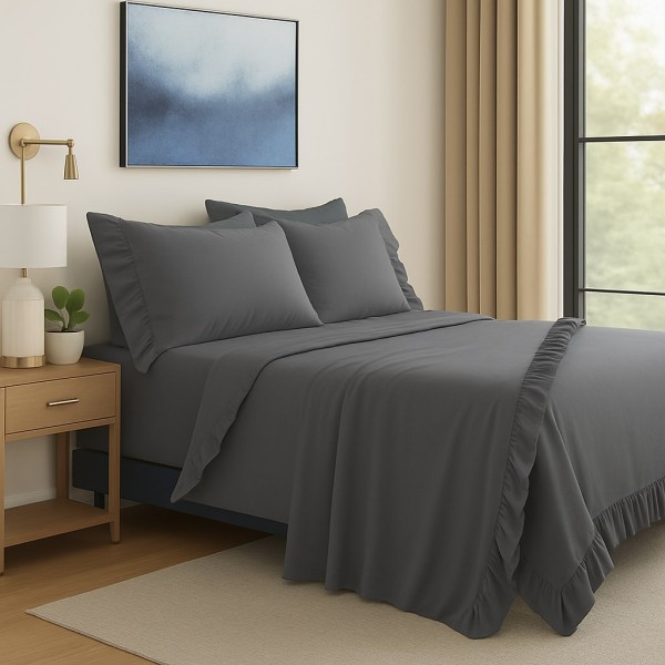 Completo Letto con Balze in Cotone Color Antracite, Set Lenzuola con Volant Arricciate, Federe Coordinate