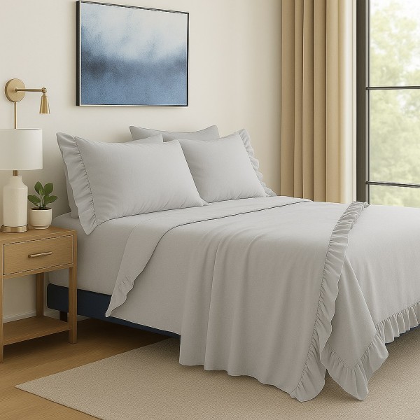 Completo Letto con Balze in Cotone Grigio Chiaro, Set Lenzuola con Volant Arricciate, Federe Coordinate