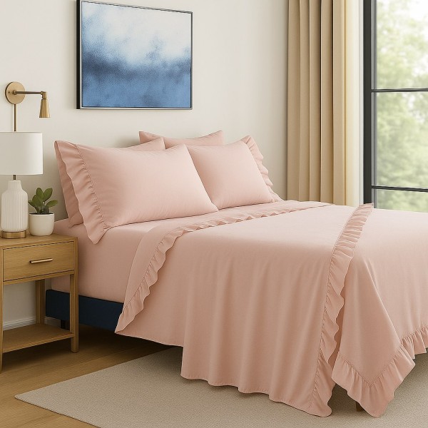 Completo Letto con Balze in Cotone Rosa, Set Lenzuola con Volant Arricciate, Federe Coordinate - Elegante Stile Romantico Chic