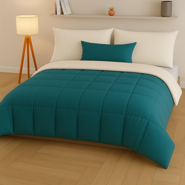 Trapunta Matrimoniale Bicolore Verde Petrolio e Beige in Microfibra Morbida – Piumone Invernale Caldo