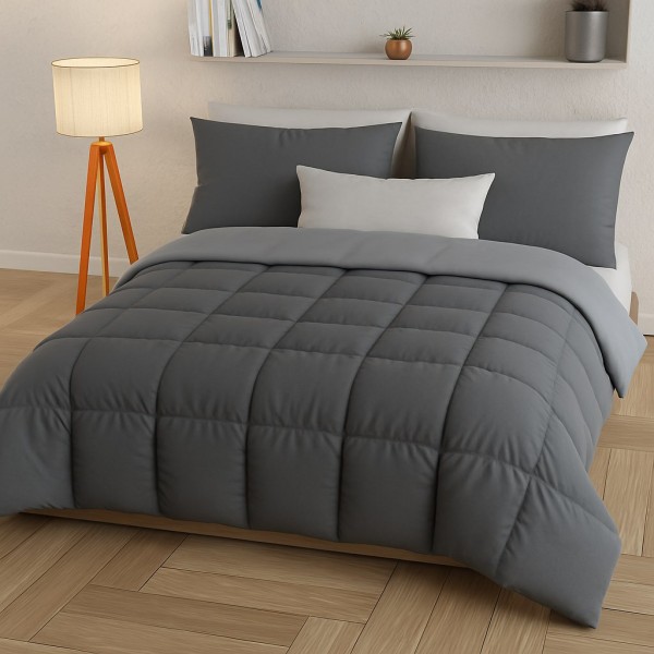 Trapunta Matrimoniale Bicolore Grigio Antracite e Grigio Chiaro in Microfibra Morbida – Piumone Invernale Caldo