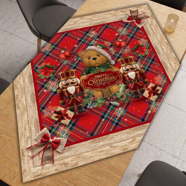 Tovaglia Natalizia Scozzese con Orsetto e Schiaccianoci – Decorazione Tavola Natalizia in Tessuto Rosso Festivo
