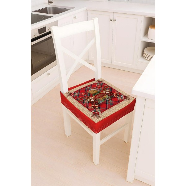 Cuscino Sedia Natalizio Scozzese con Orsetto e Schiaccianoci – Copriseduta Rosso Festivo per Cucina o Sala da Pranzo