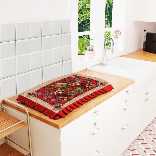 Coprifornelli Natalizio Scozzese con Orsetto e Schiaccianoci – Copertura Decorativa per Cucina in Tessuto Rosso Festivo