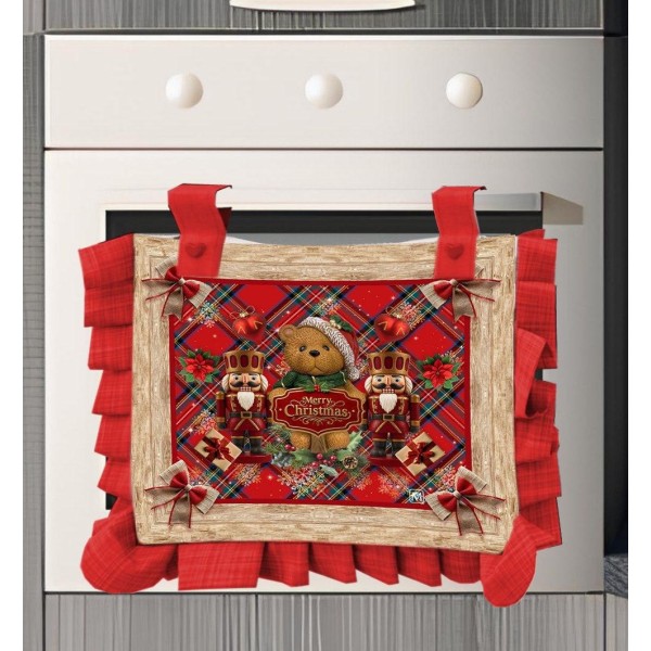 Copriforno Natalizio Scozzese con Orsetto e Schiaccianoci – Decorazione Natalizia per Cucina, Tessuto Rosso Festivo