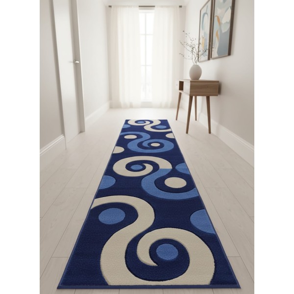 Passatoia Blu Antiscivolo 70x300 cm con Design Cerchi e Rose Bianche - Tappeto Runner Moderno Lavabile 3D