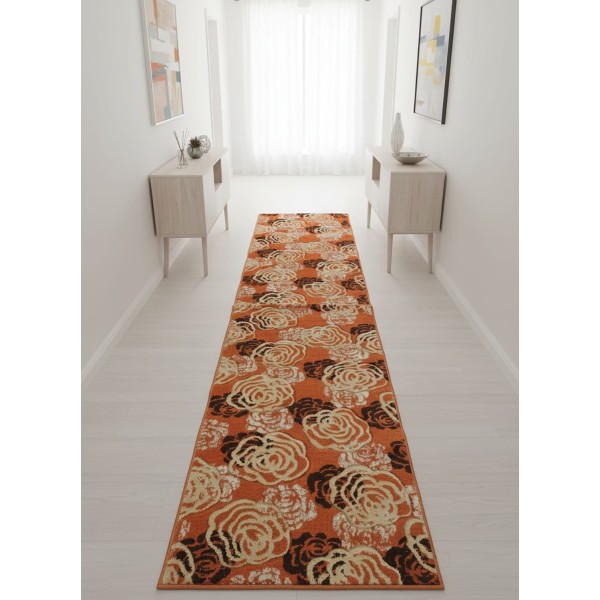 Passatoia Corridoio 70x300 cm Antiscivolo Lavabile con Rose Arancio e Bianche - Design Moderno in Polipropilene