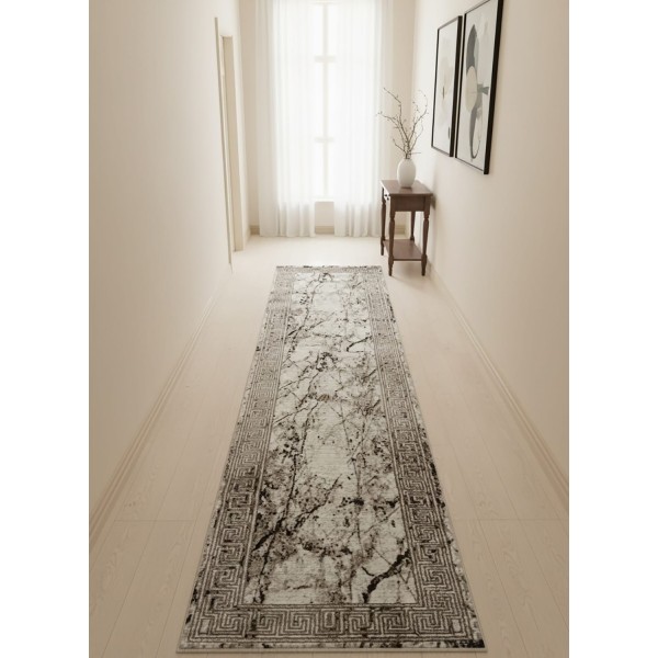 Passatoia Moderna 70x290 cm Antiscivolo Lavabile Design Marmo Geometrico Nero Grigio Bianco in Polipropilene Morbido