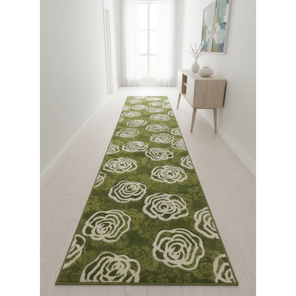 Passatoia Verde 70x300 cm Antiscivolo Lavabile Tappeto Runner 3D Rose Bianche Floreali Moderne per Corridoio Ingresso Cucina