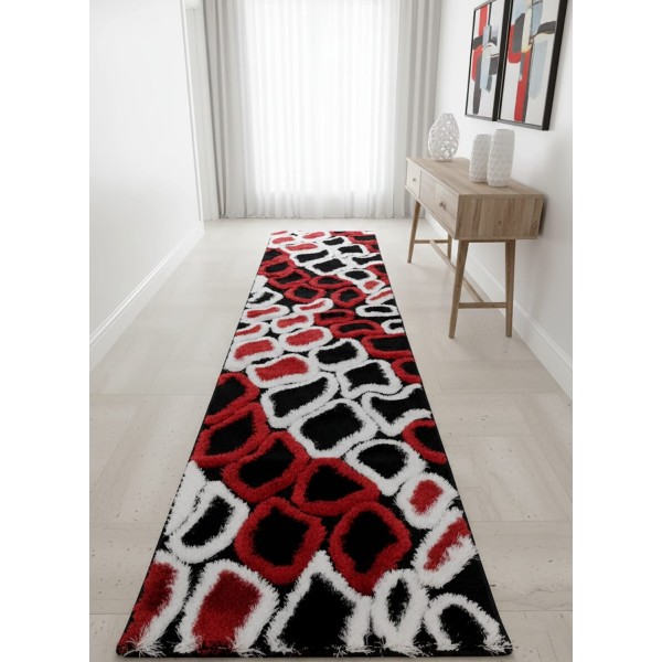 Guida Corridoio Pelo Alto 70x290 cm Antiscivolo – Design Onde Curve Rosso Nero Bianco