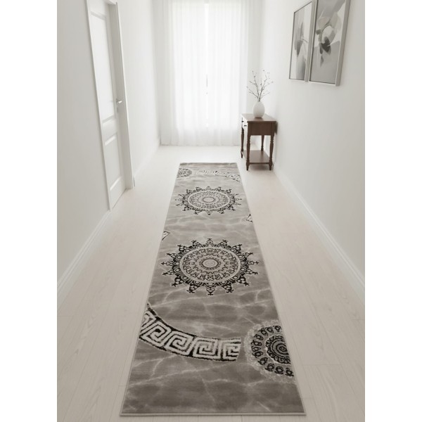 Guida Corridoio Passatoia 70x290 cm Antiscivolo Design Timone Geometrico Grigio Nero Bianco Lavabile per Ingresso Moderno