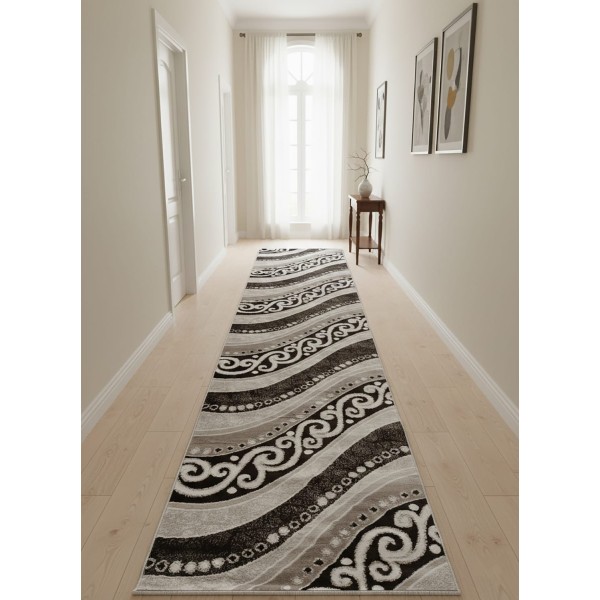 Passatoia Moderna 70x390 cm Antiscivolo Lavabile – Design Onda Geometrico Grigio Nero Bianco per Ingresso e Disimpegno