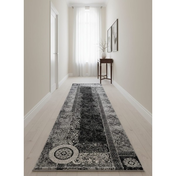 Passatoia Moderna 70x390 cm Antiscivolo Lavabile – Design Greca Geometrico Grigio Nero Bianco per Ingresso o Disimpegno