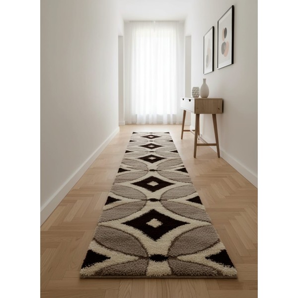 Passatoia 70x290 cm Pelo Alto Antiscivolo Design Onde Ciottoli Rombo Nero Grigio Bianco per Ingresso Disimpegno