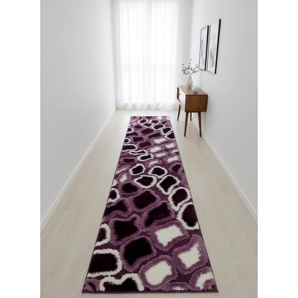 Passatoia Pelo Alto Viola 70x290 cm Antiscivolo – Design Moderno con Forme Cerchi Onde Bianchi per Ingresso e Disimpegno