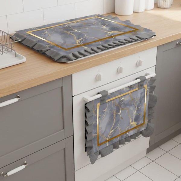 Set Cucina Copriforno e Coprifornelli Grigio Effetto Marmo con Cornice Oro - Microfibra Anallergica Stampa 4K Made in Italy
