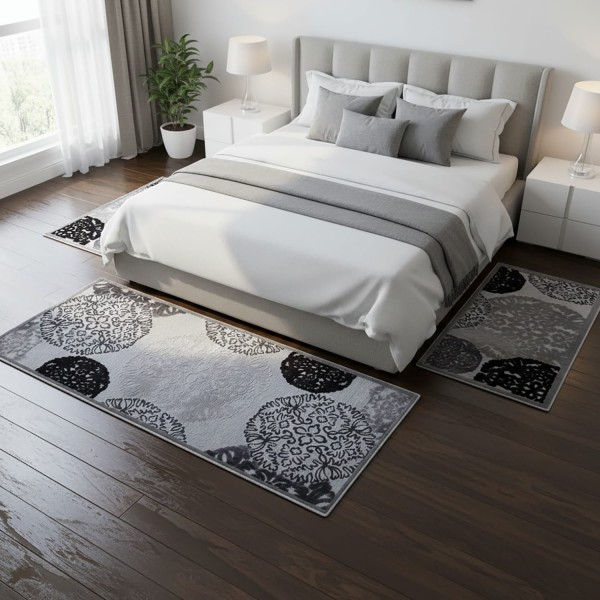 Tris Tappeti Camera da Letto Design Gobelin Rosa Panna Set 3 Pezzi Stile Classico Orientale Antiscivolo 80x150 + 2x60x110 cm