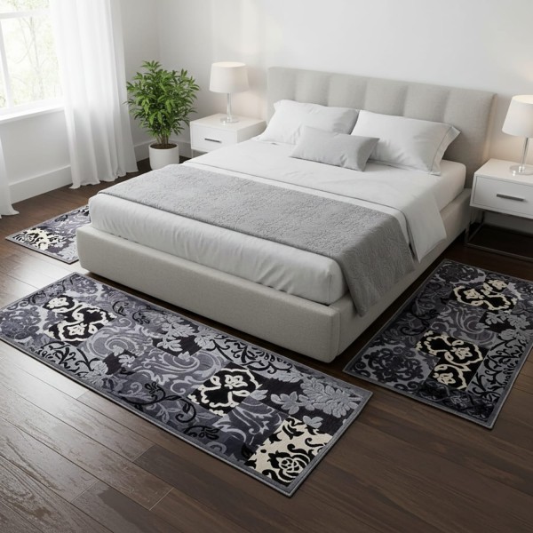 Tris Tappeti Camera da Letto Patchwork Grigio Nero Set 3 Pezzi Design Moderno Polipropilene Antiscivolo 80x150 + 2x60x110 cm