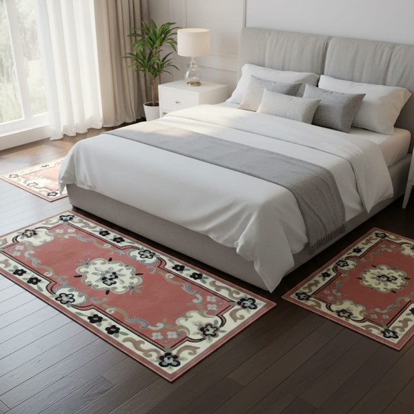 Tris Tappeti Camera da Letto Design Classico Orientale Rosso Bordò Set 3 Pezzi Antiscivolo Elegante 70x140 + 2x60x100 cm