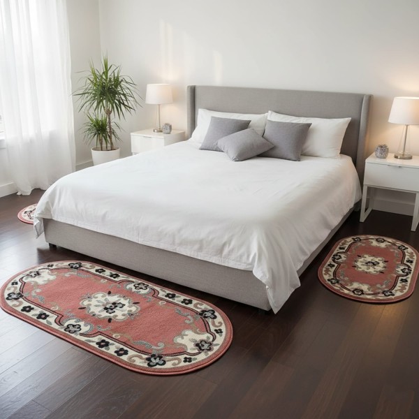 Tris Tappeti Camera da Letto Ovali Cinos Rosso Bordò Set 3 Pezzi Classico Elegante - Antiscivolo Polipropilene 70x140 + 2x60x100
