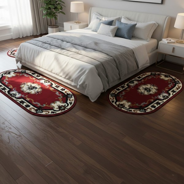 Tris Tappeti Camera da Letto Ovali Cinos Rosa Bordò Set 3 Pezzi Classico Elegante - Antiscivolo Polipropilene 70x140 + 2x60x100