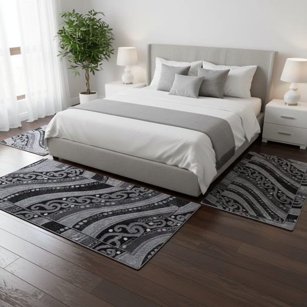 Tris Tappeti Camera da Letto Moderni Effetto Lurex Motivo Onda Grigio Nero - Set 3 Pezzi Antiscivolo 80x150 + 2x60x110 cm