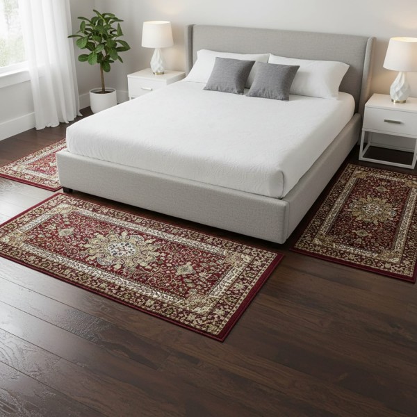 Tris Tappeti Camera da Letto Obama Bordeaux Set 3 Pezzi Polipropilene Morbido Antiscivolo - Stile Classico 80x150 + 2x60x110 cm