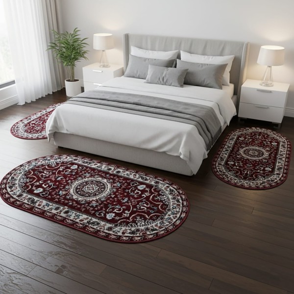 Tris Tappeti Camera da Letto Ovali Design Classico Persiano Set 3 Pezzi Polipropilene Morbido Antiscivolo 75x140 + 2x60x110 cm