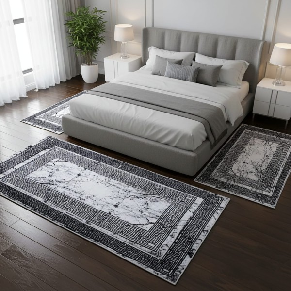 Tris Tappeti Camera da Letto Design Greca Marmorizzato Grigio Nero - Set 3 Pezzi Scendiletto 80x150 + 2x60x110 cm Antiscivolo