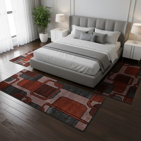Tris Tappeti Camera da Letto Design Geometrico Set 3 Pezzi in Polipropilene Soffice - Antiscivolo Morbido 70x140 + 2x60x110 cm