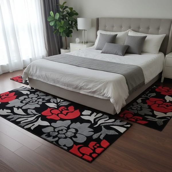 Tris Tappeti Camera da Letto Design Floreale Rosso Nero con Effetto Lurex - Set 3 Pezzi Scendiletto 80x150 + 2x60x110 cm